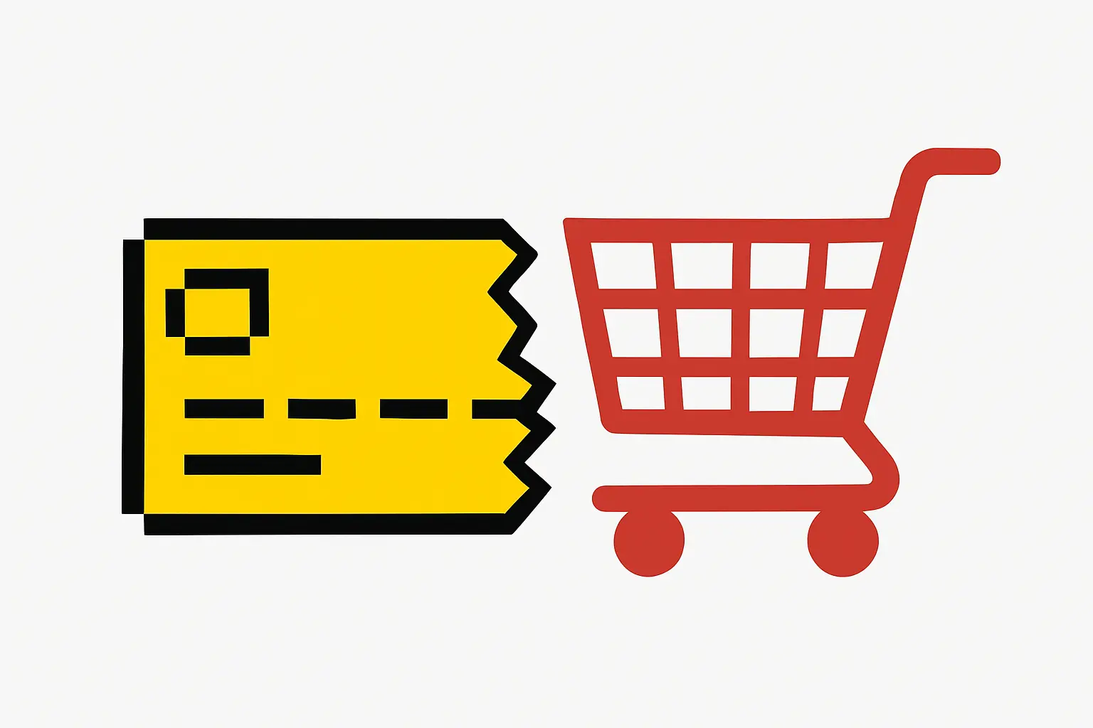 A minimalist illustration of a yellow digital credit card welded to a red metal shopping cart, symbolizing the complex fintech integration of EQB and PC Financial.