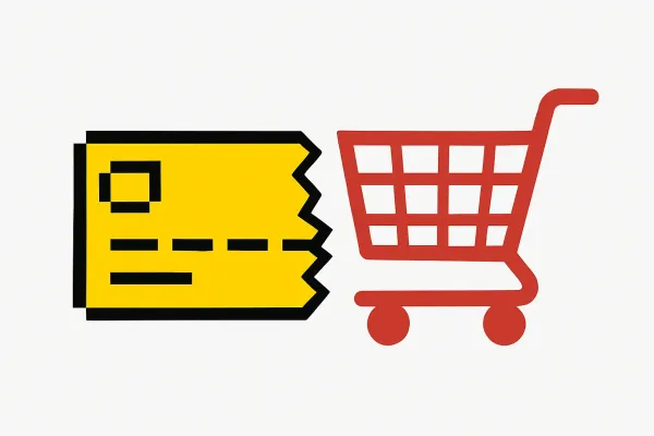 A minimalist illustration of a yellow digital credit card welded to a red metal shopping cart, symbolizing the complex fintech integration of EQB and PC Financial.