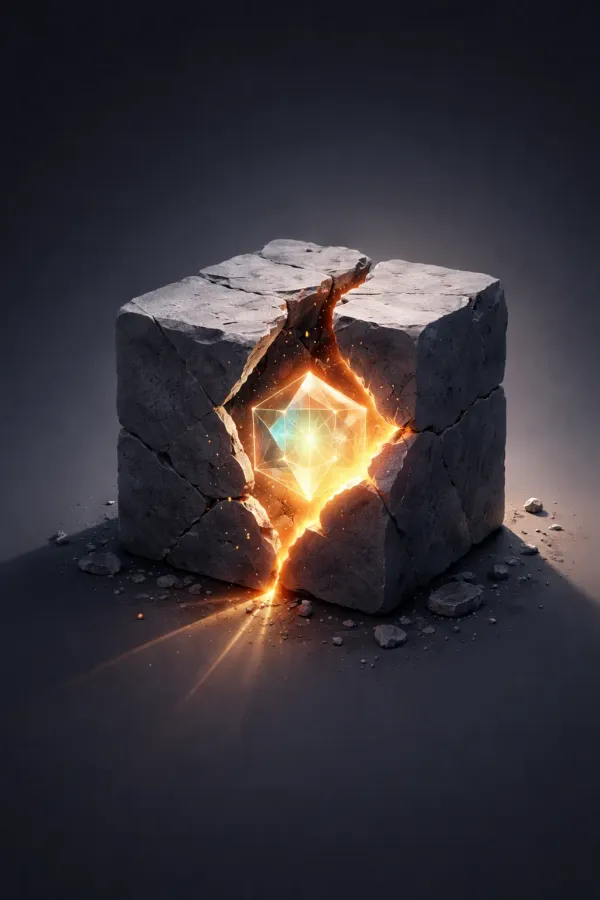 A dramatic digital illustration of a rough, dark grey stone cube cracking open to reveal a brilliant, glowing geometric crystal inside, symbolizing the unlocking of trapped value.